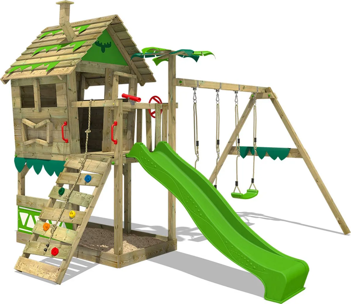 FATMOOSE Speeltoestel JungleJumbo - Speeltoren met appelgroene glijbaan, klimwand, schommel en schommel speelgoed
