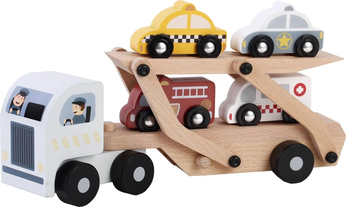 Houten auto transporter 112 wagens politie brandweer ambulance taxi hout speelgoed