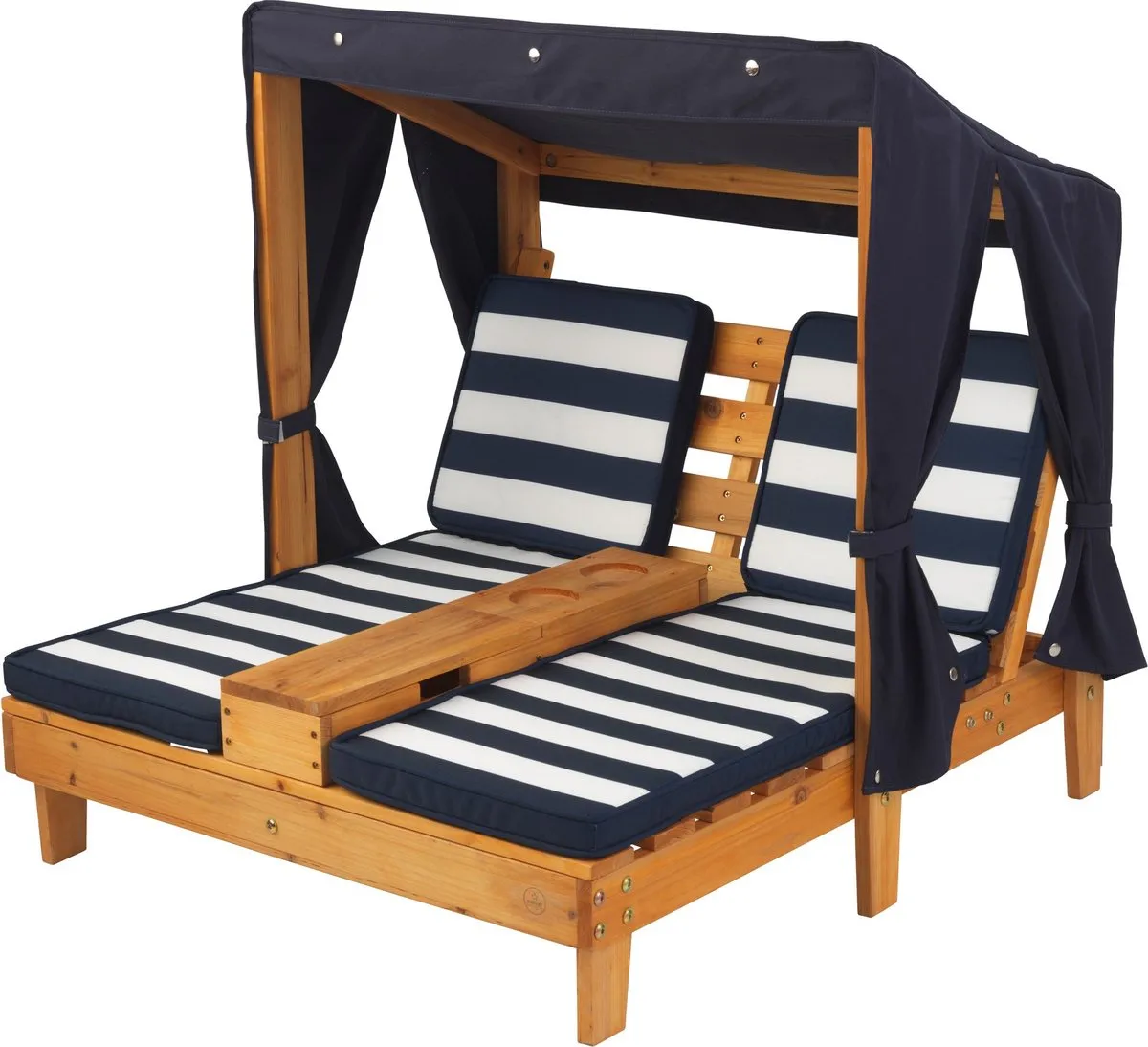 KidKraft Tweepersoons chaise longue met bekerhouders - Honingkleur met blauwe en witte strepen speelgoed