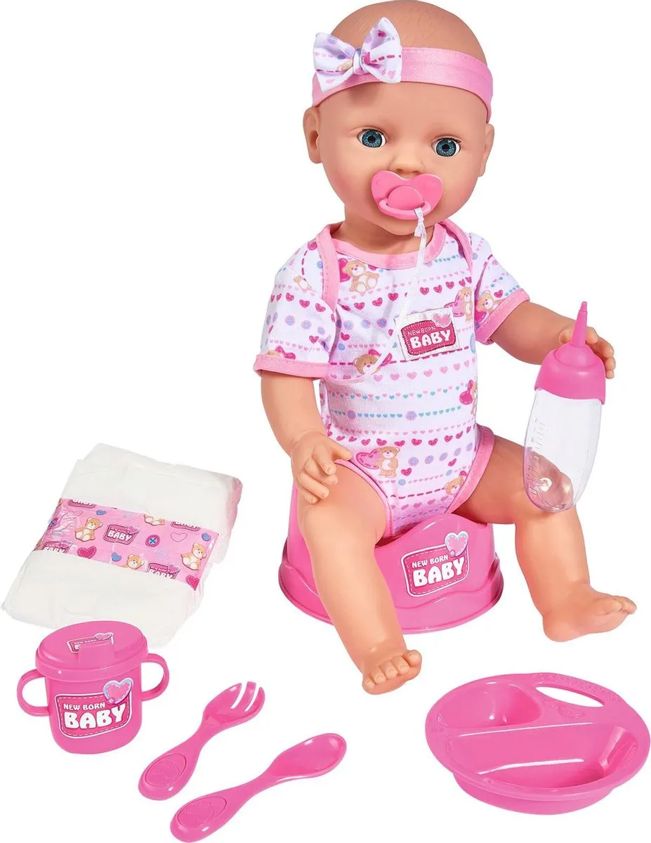 New Born Baby - Babypop - 43 cm - slapende ogen - roze - drink en plasfunctie - babypop speelgoed
