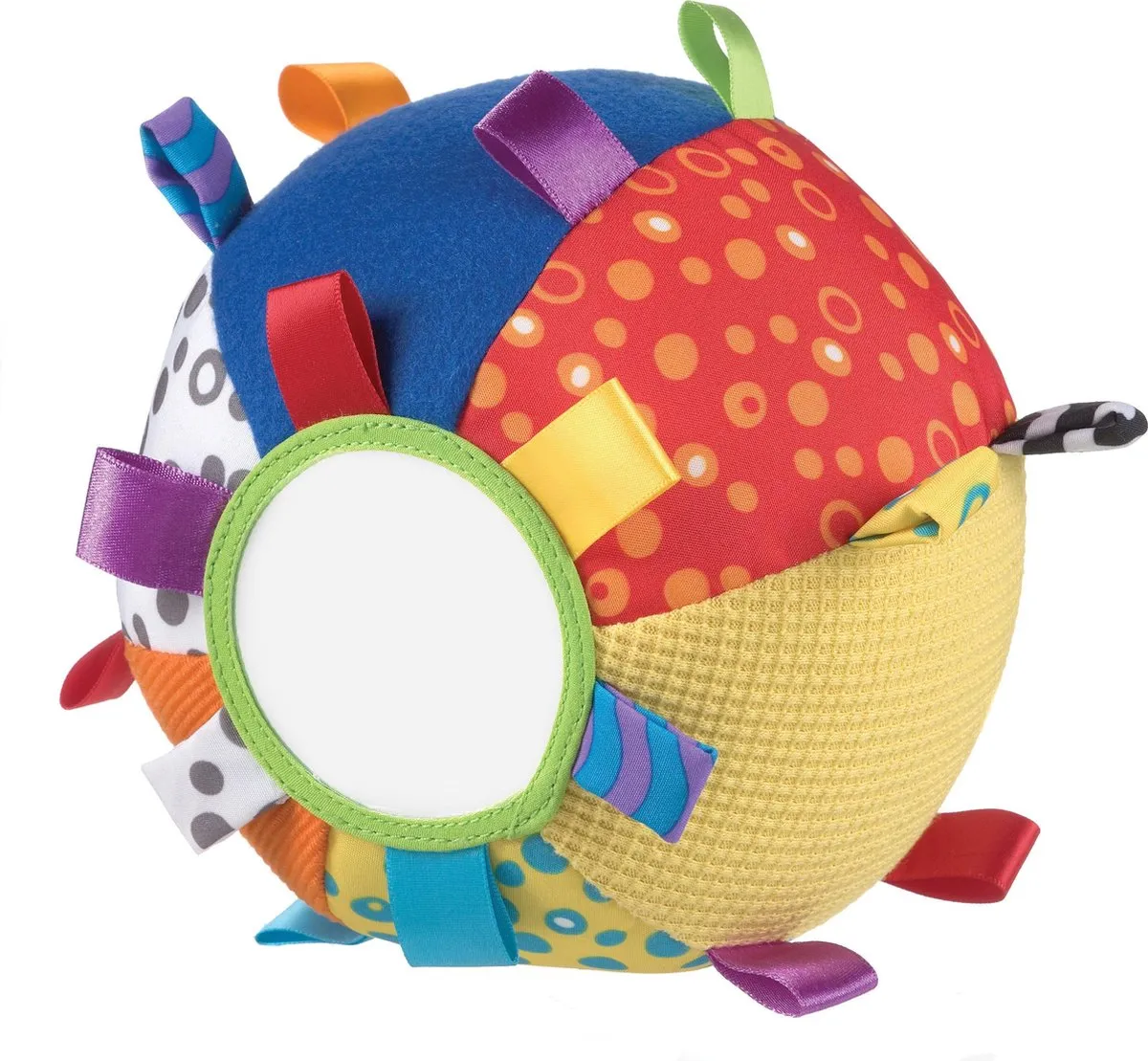 Playgro Vrolijke Pluche Bal - Loopy Loops Chime Ball - Grijp- en Bijtspeelgoed - Belletje - Lintjes - Spiegeltje speelgoed