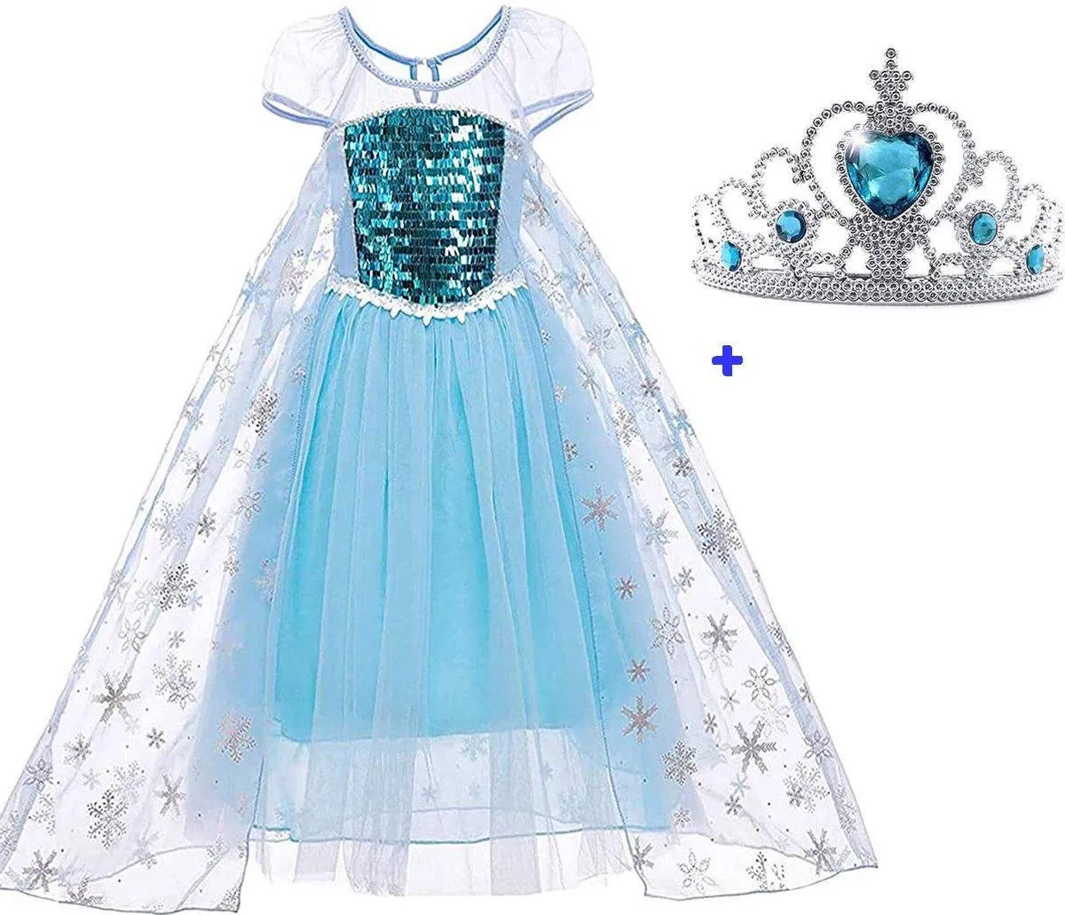 Prinsessenjurk meisje - Frozen jurk - Elsa -  Prinsessen Verkleedkleding 104/110 (110)  - Kroon (Tiara) speelgoed