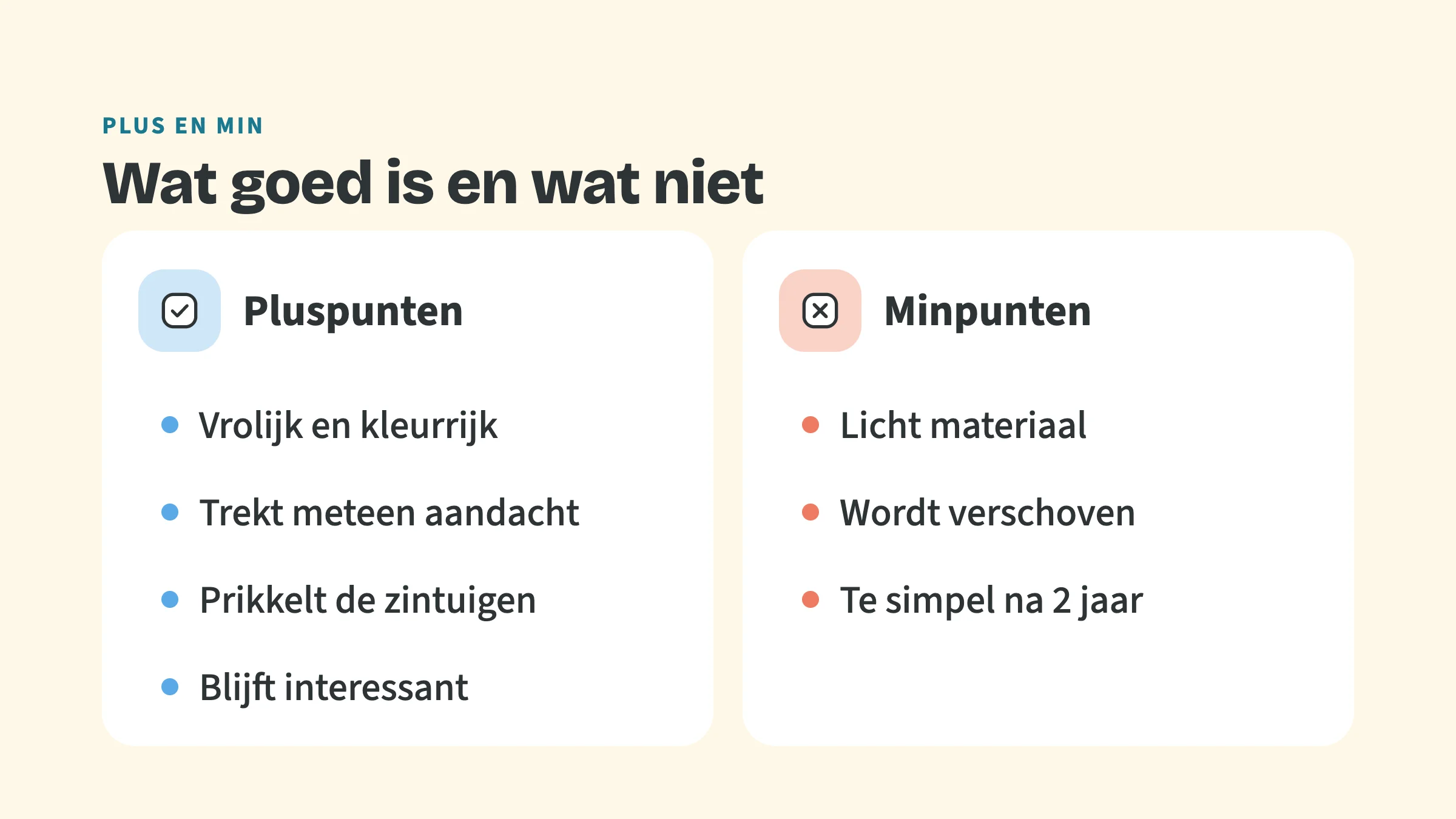 Twee kaarten naast elkaar met de bovenkop Plus en min en de titel Wat goed is en wat niet. Links Pluspunten: Vrolijk en kleurrijk, Trekt meteen aandacht, Prikkelt de zintuigen, Blijft interessant. Rechts Minpunten: Licht materiaal, Wordt verschoven, Te simpel na 2 jaar.