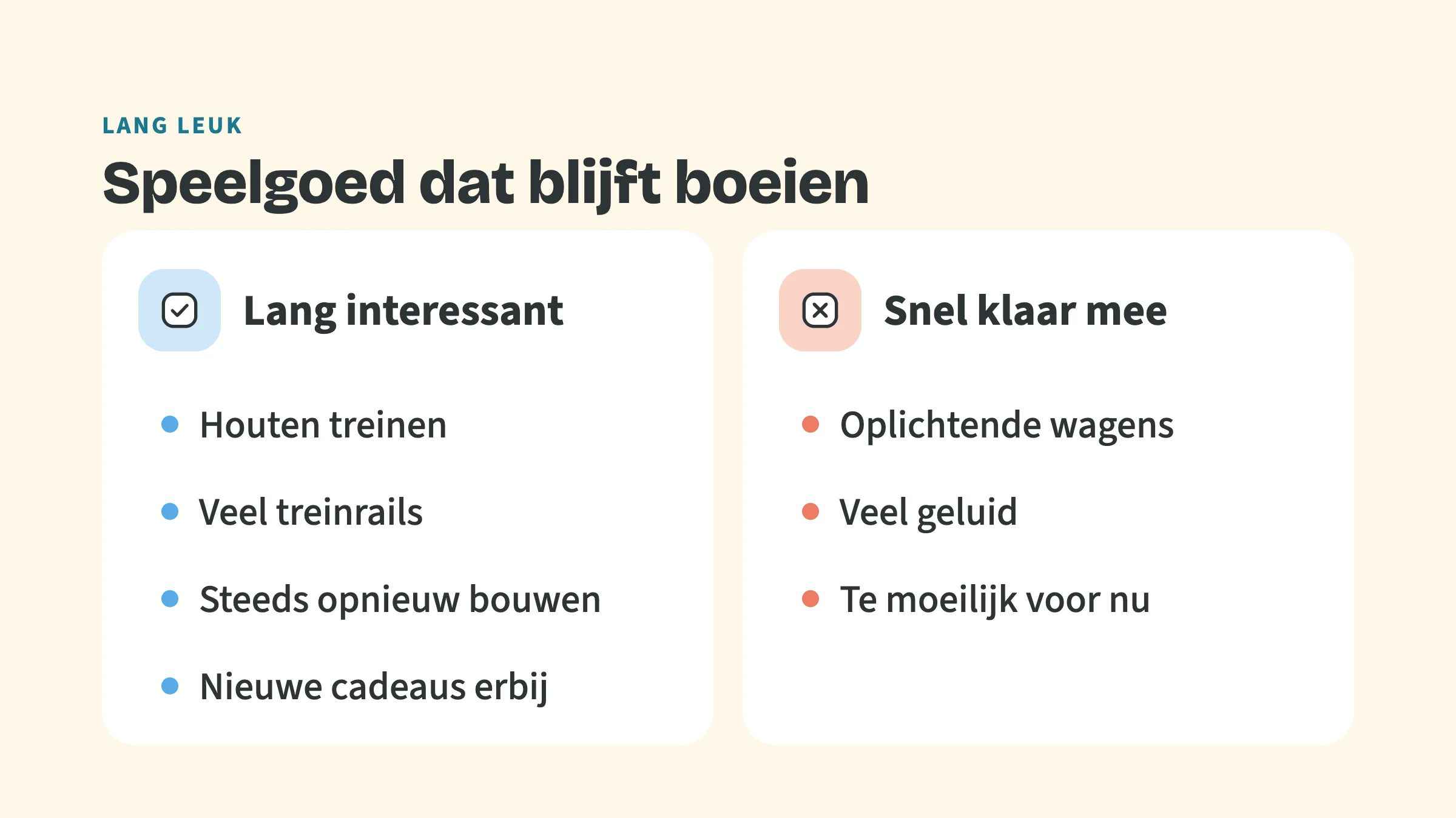 Vergelijking. Lang interessant: Houten treinen, Veel treinrails, Steeds opnieuw bouwen, Nieuwe cadeaus erbij. Snel klaar mee: Oplichtende wagens, Veel geluid, Te moeilijk voor nu.