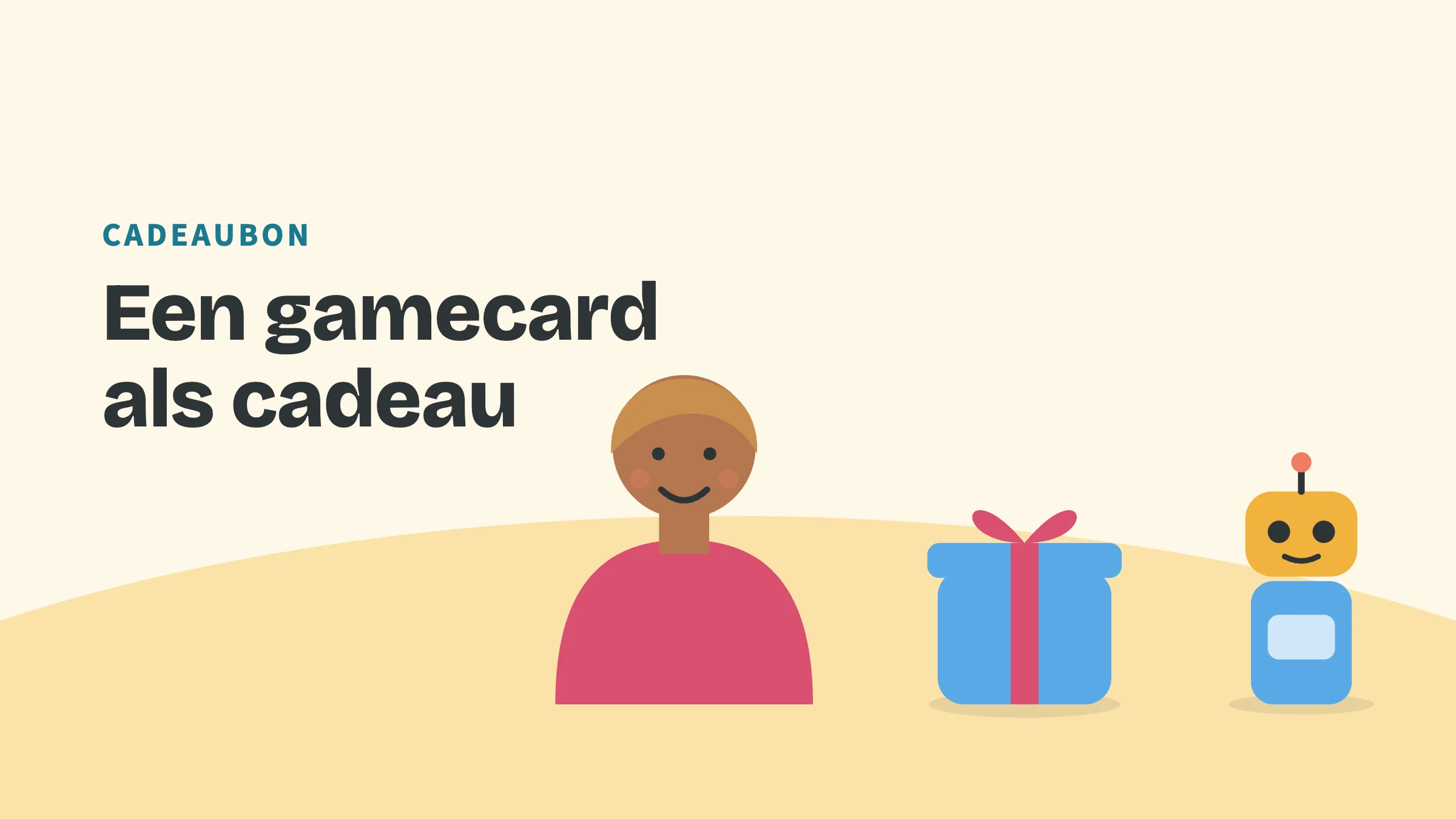 Getekend speelgoed (cadeau, robot en bal) met de bovenkop Cadeaubon en de titel Een gamecard als cadeau.