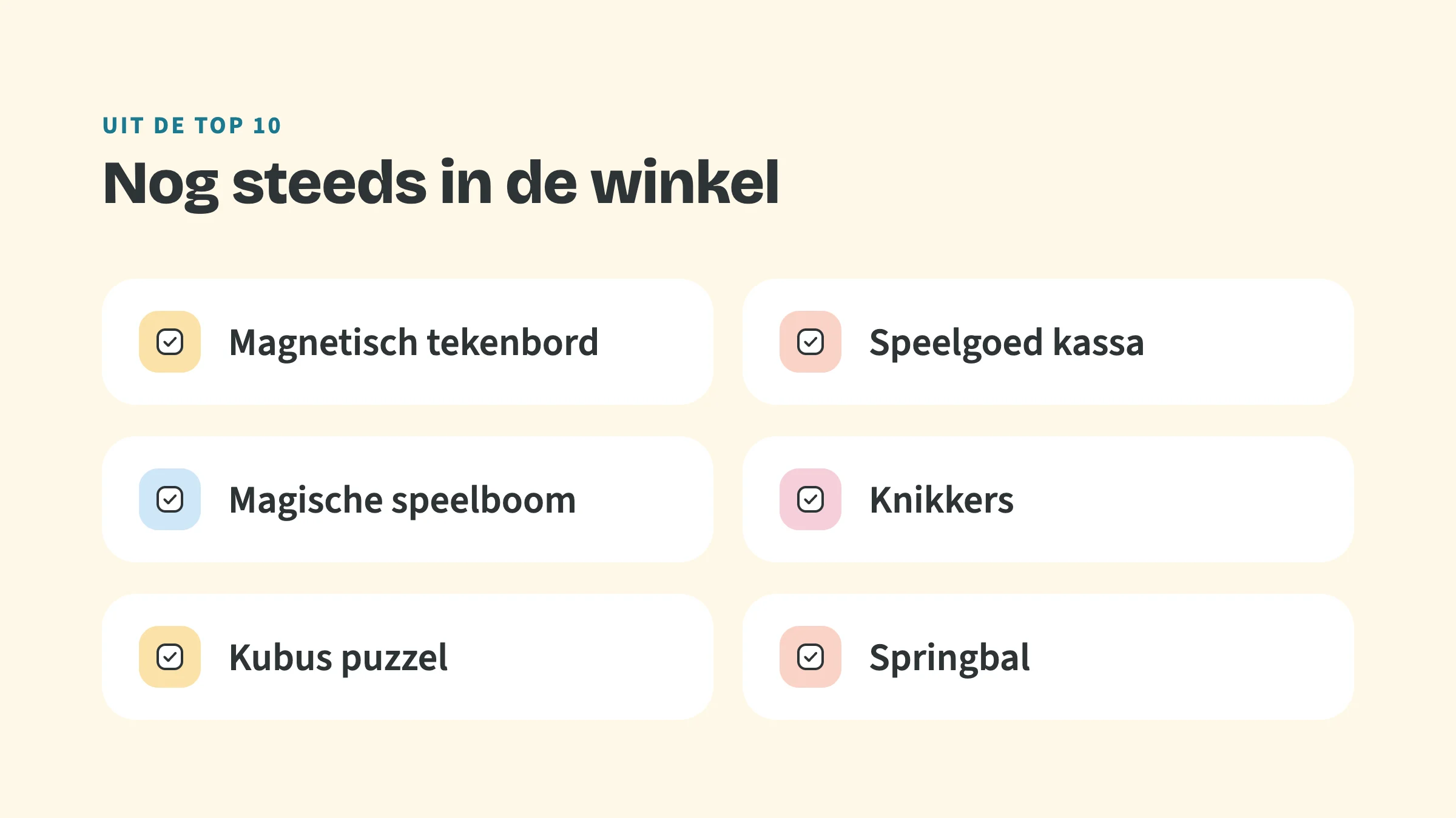 Checklist met de bovenkop Uit de top 10 en de titel Nog steeds in de winkel, met zes vinkjes: Magnetisch tekenbord, Speelgoed kassa, Magische speelboom, Knikkers, Kubus puzzel, Springbal.