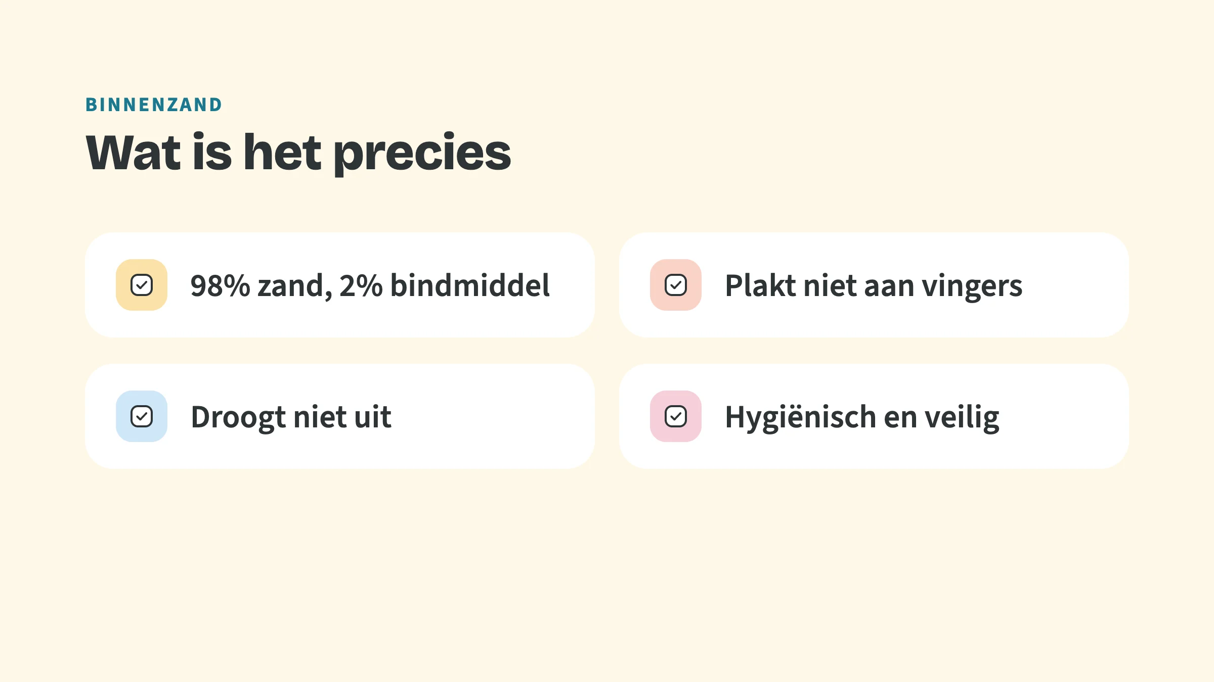 Checklist met de bovenkop Binnenzand en de titel Wat is het precies, met vier punten: 98% zand, 2% bindmiddel; Plakt niet aan vingers; Droogt niet uit; Hygiënisch en veilig.