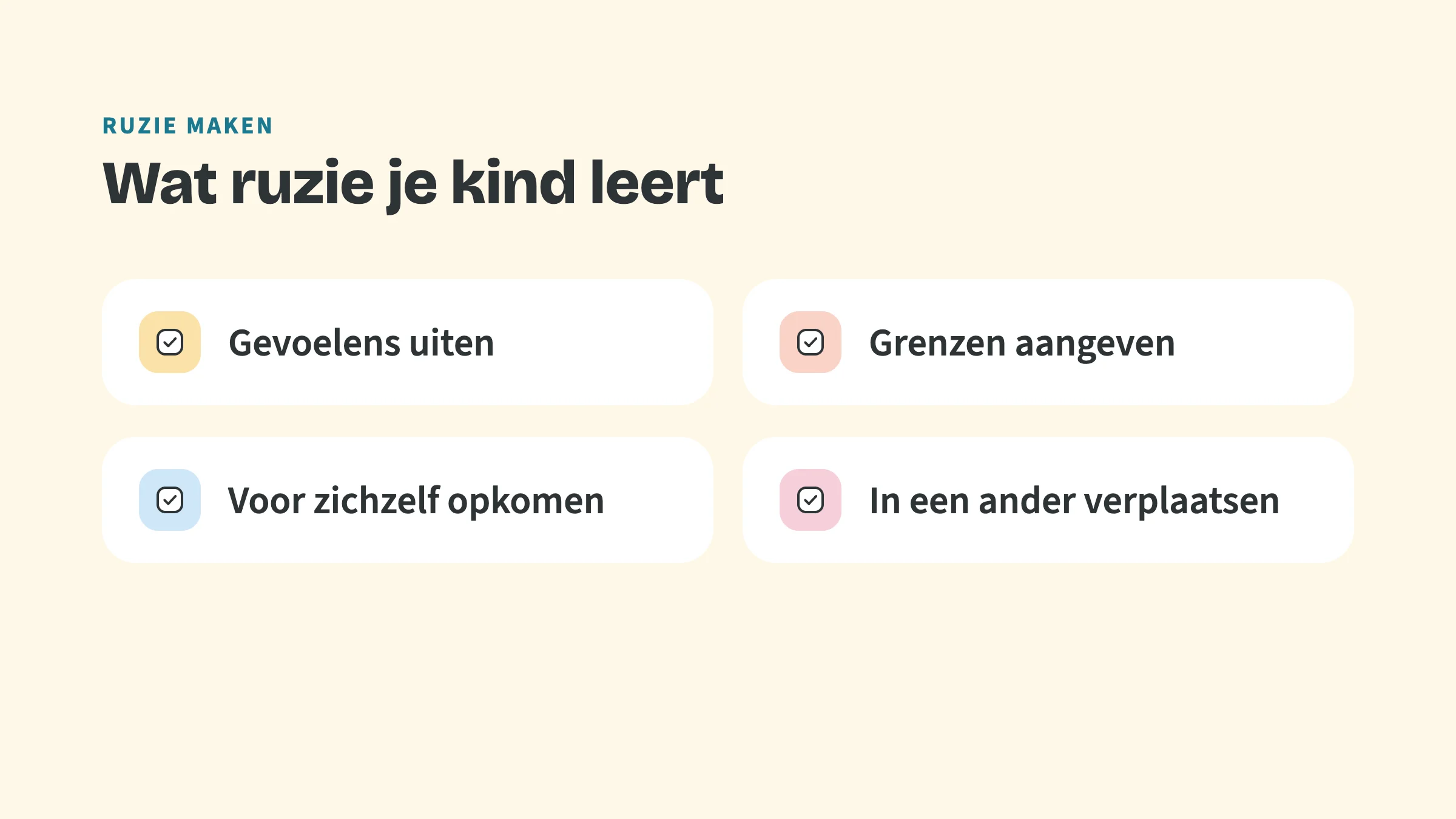Checklist met vier punten: Gevoelens uiten, Grenzen aangeven, Voor zichzelf opkomen, In een ander verplaatsen.