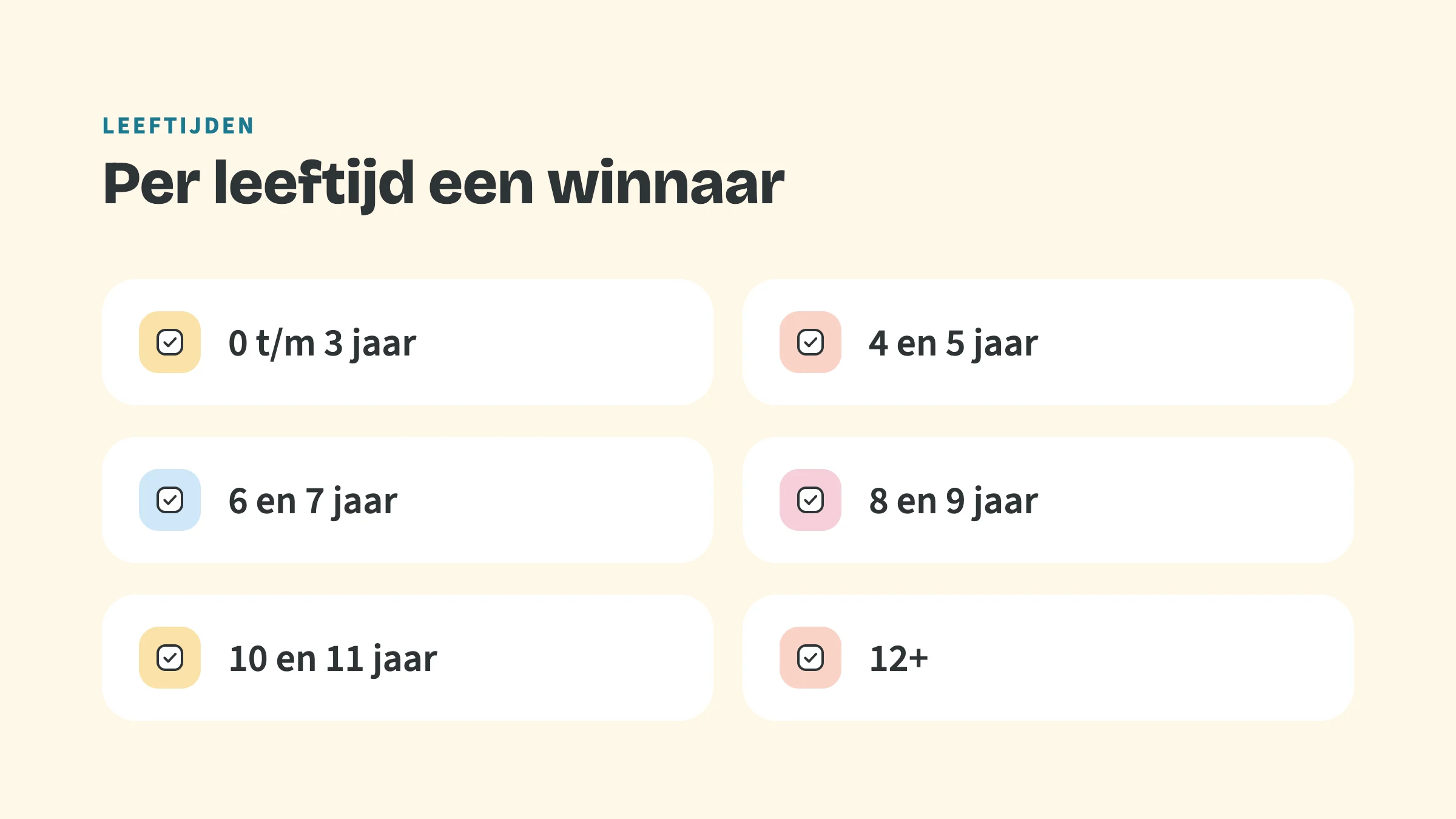 Checklist met de bovenkop Leeftijden en de titel Per leeftijd een winnaar, met zes vinkjes: 0 t/m 3 jaar, 4 en 5 jaar, 6 en 7 jaar, 8 en 9 jaar, 10 en 11 jaar, 12+.