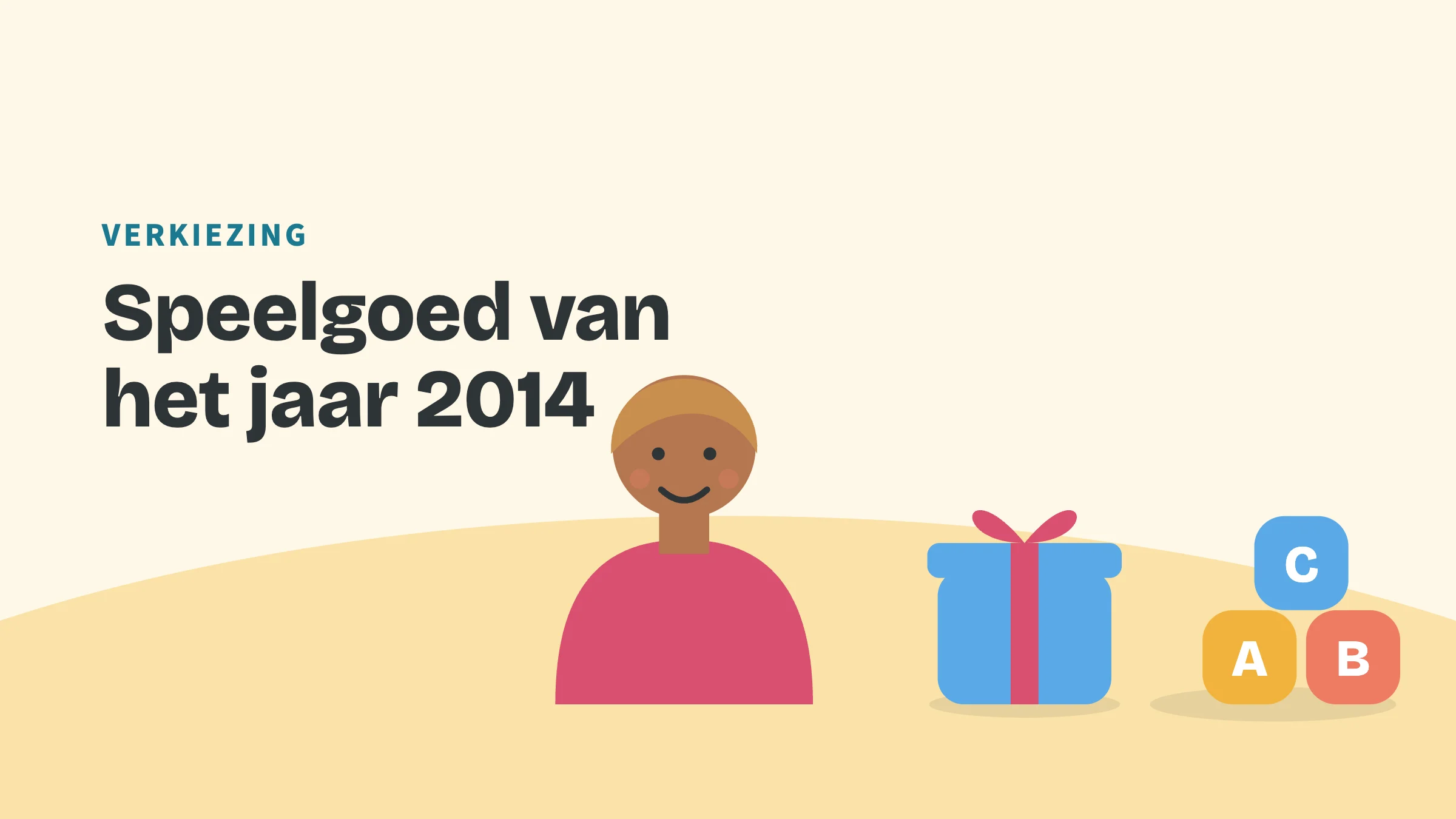 Getekend speelgoed (cadeau, blokken en robot) met de bovenkop Verkiezing en de titel Speelgoed van het jaar 2014.