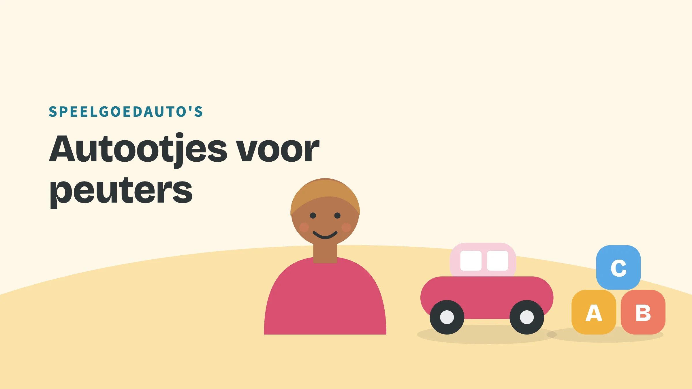 Getekend speelgoed (auto, blokken en bal) met de bovenkop Speelgoedauto's en de titel Autootjes voor peuters.