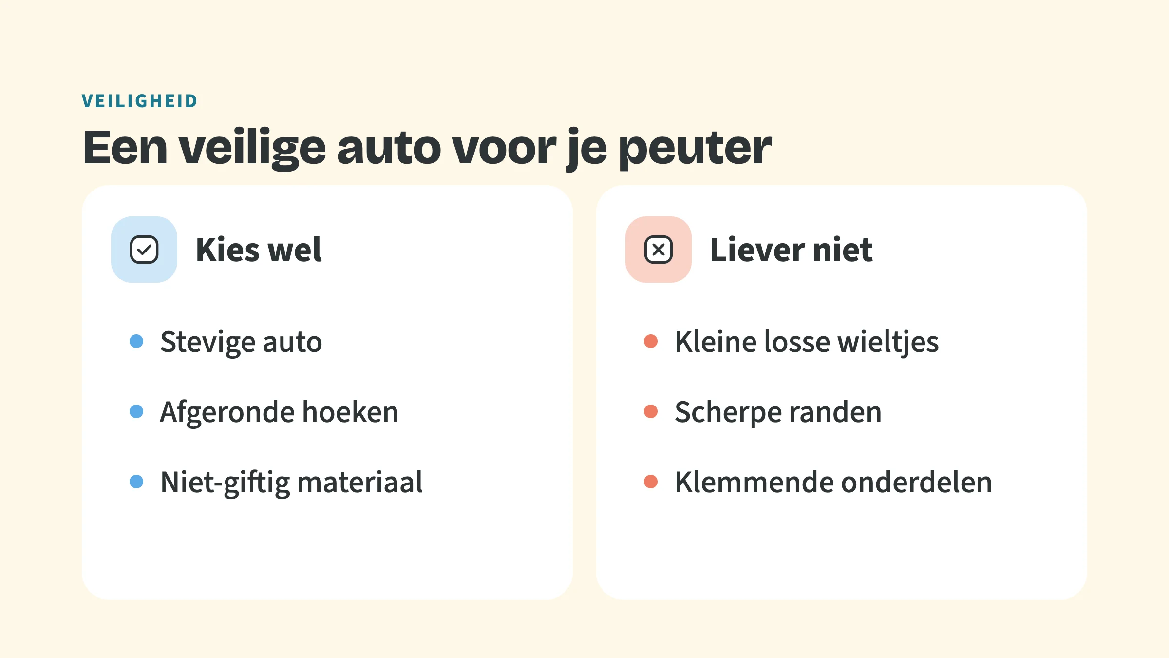 Vergelijking in twee kolommen. Kies wel: Stevige auto, Afgeronde hoeken, Niet-giftig materiaal. Liever niet: Kleine losse wieltjes, Scherpe randen, Klemmende onderdelen.