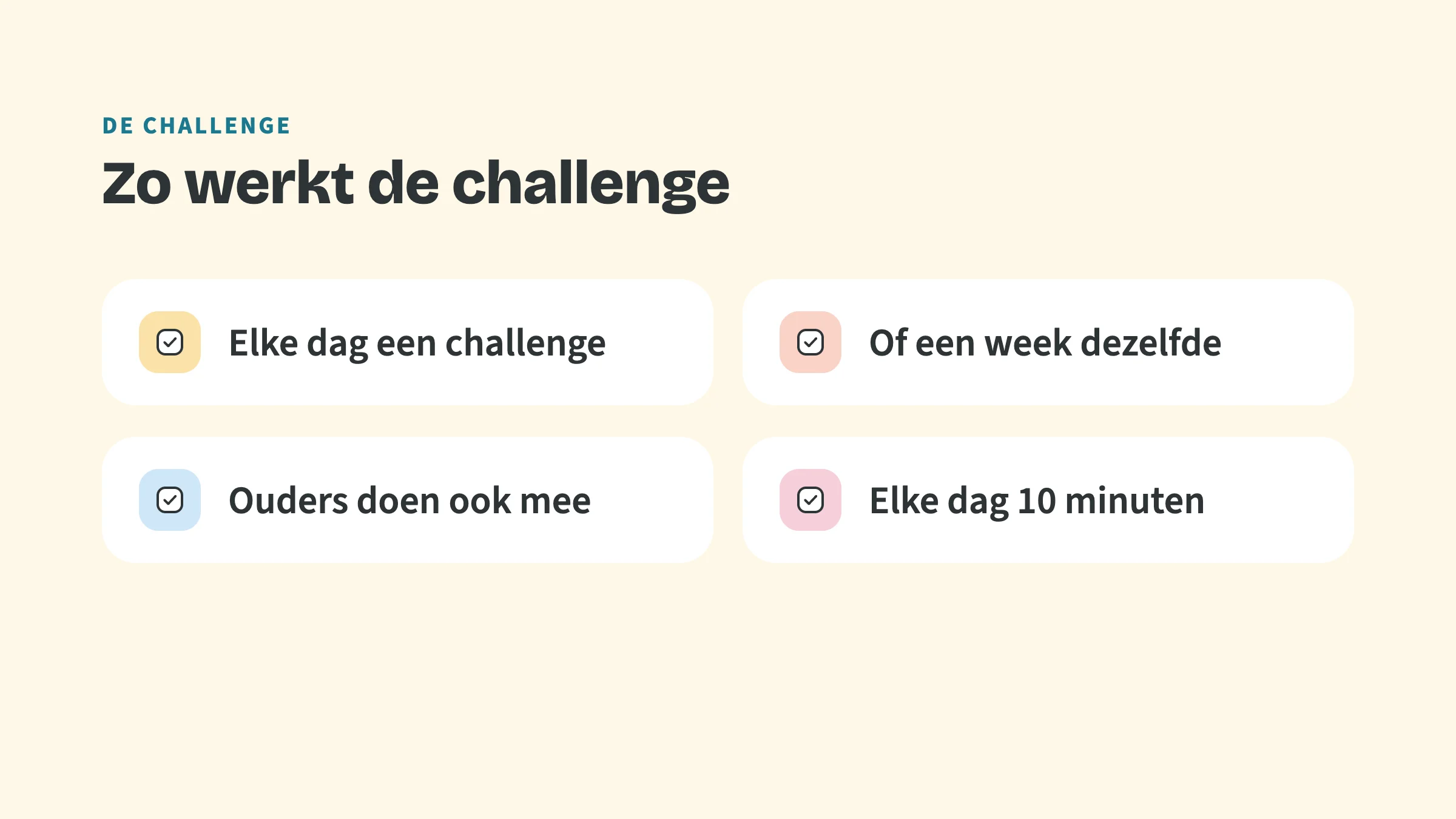 Checklist met vier punten: Elke dag een challenge, Of een week dezelfde, Ouders doen ook mee, Elke dag 10 minuten.