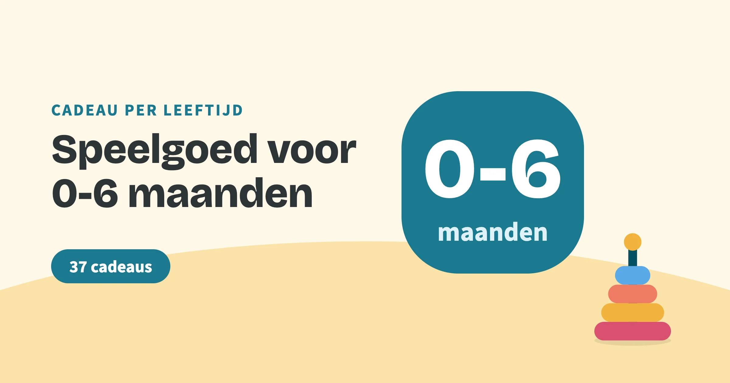 Petrolkleurig blok met 0-6 maanden, getekend speelgoed (stapelringen), de bovenkop Cadeau per leeftijd, de titel Speelgoed voor 0-6 maanden en het label 37 cadeaus.
