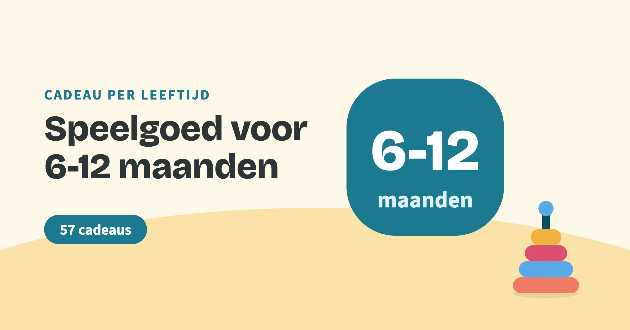 Petrolkleurig blok met 6-12 maanden, getekend speelgoed (stapelringen), de bovenkop Cadeau per leeftijd, de titel Speelgoed voor 6-12 maanden en het label 57 cadeaus.
