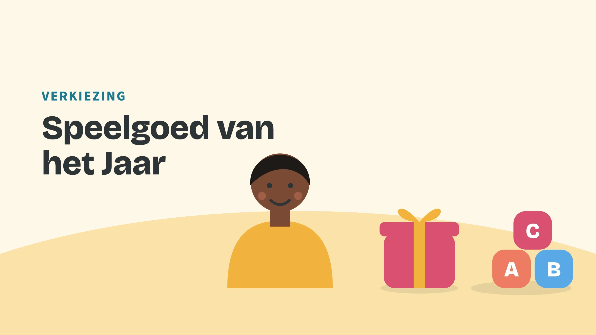 Getekend kind naast een cadeau, speelgoedblokken en een raket, met de bovenkop Verkiezing en de titel Speelgoed van het Jaar.