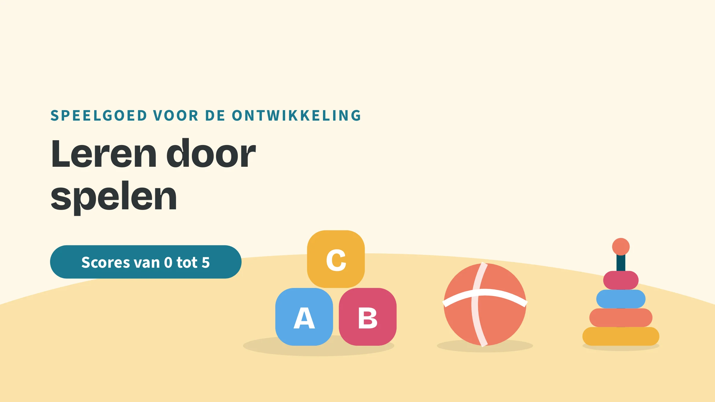 Getekende blokken, een bal en stapelringen, met de bovenkop Speelgoed voor de ontwikkeling, de titel Leren door spelen en het label Scores van 0 tot 5.