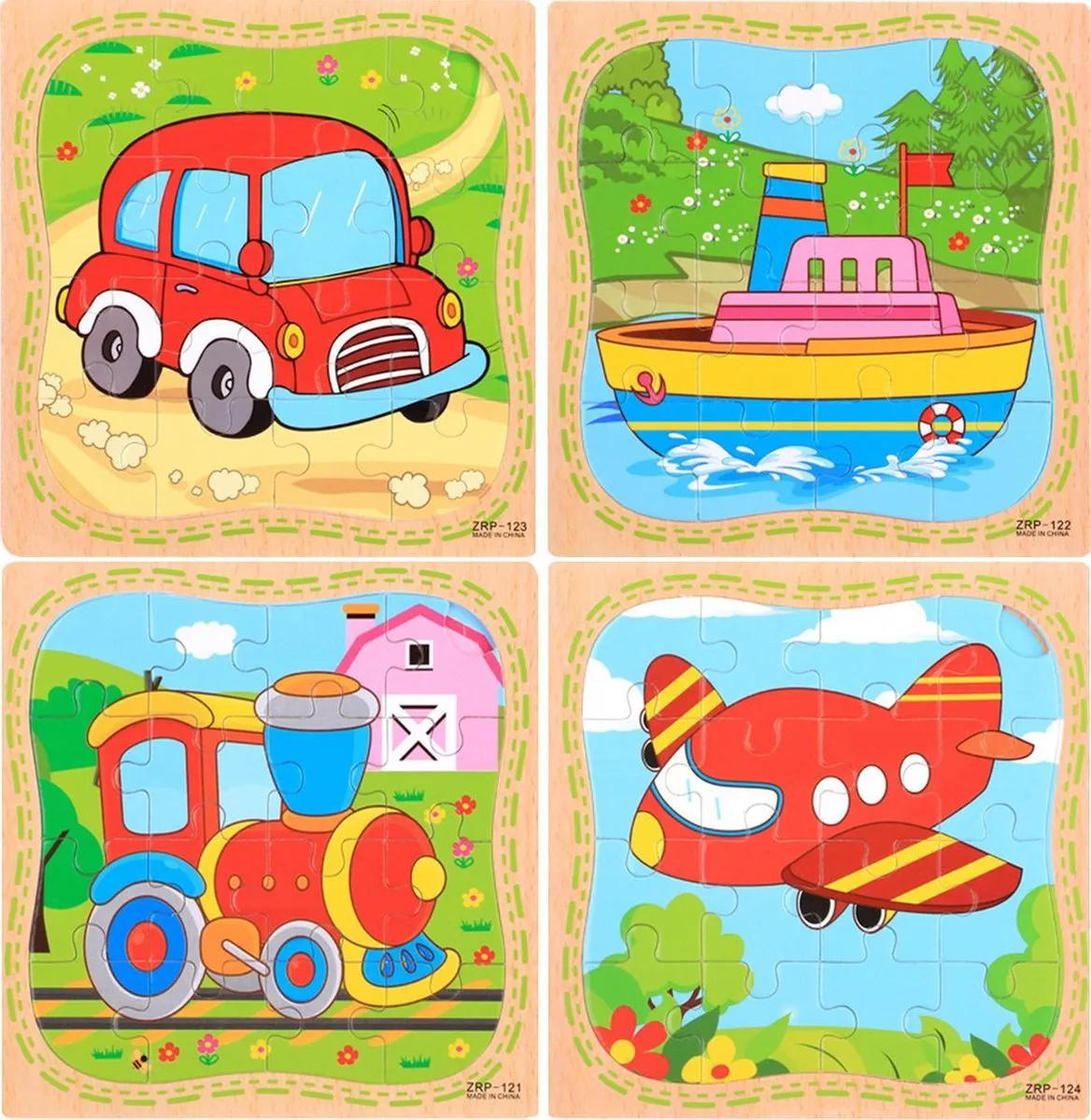 4 Houten Puzzels van 16 stukjes - Voertuigen: Boot, Auto, Trein, Vliegtuig - Voor kinderen van 1-4 jaar
