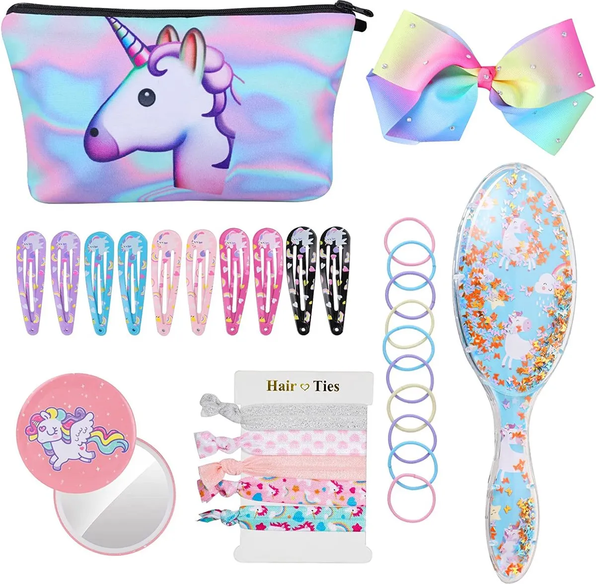 7 Delig - Unicorn Haarverzorging Gift Set - Inclusief Haarborstel / Make Up Tas / Haaraccessoires / Kleurrijke Haarbanden / Regenboog Strik / Spiegel - Geschikt Voor Kinderen en Tieners - Blauw speelgoed