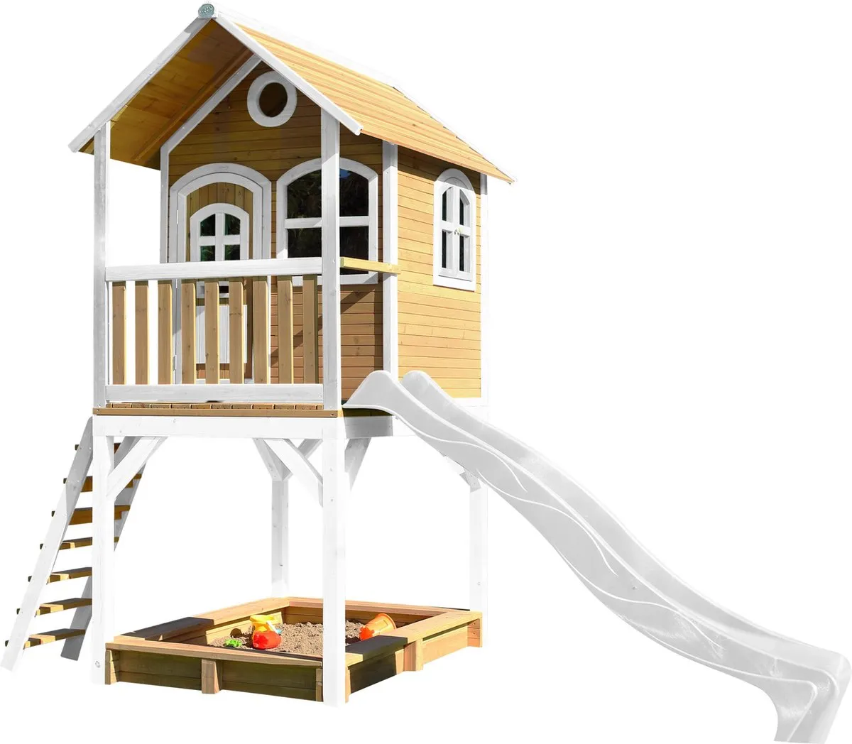 AXI Sarah Speelhuis in Bruin/Wit - Met Verdieping, Zandbak en Witte Glijbaan - Speelhuisje voor de tuin / buiten - FSC hout - Speeltoestel voor kinderen speelgoed