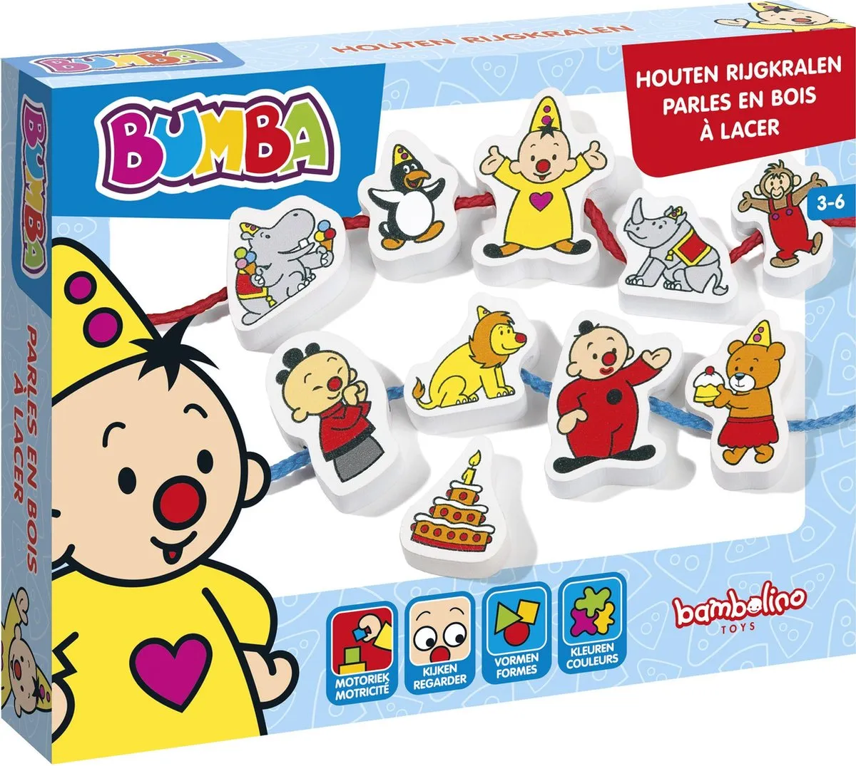 Bambolino Toys - Bumba houten rijgkralen - 12- delige set - educatief peuterspeelgoed - leer rijgen met Bumba de clown speelgoed