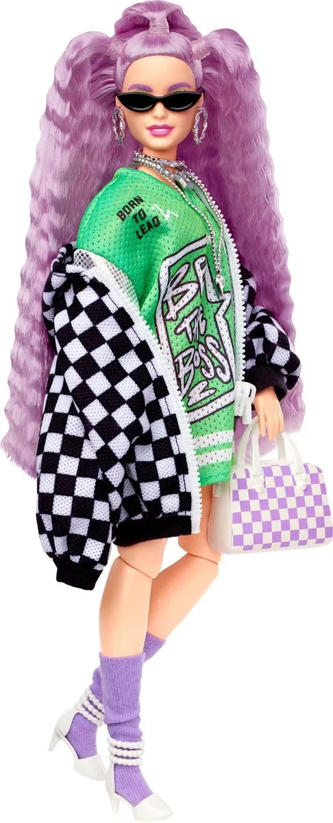 Barbie Extra Pop - Roze - Groene jurk - Geblokt jack - Pop speelgoed