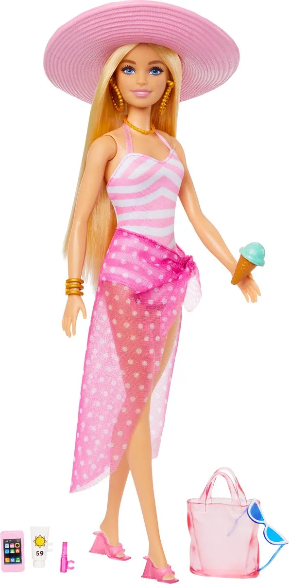 Barbie Zonnehoed badpak Malibu - Met accessoires - Barbiepop speelgoed