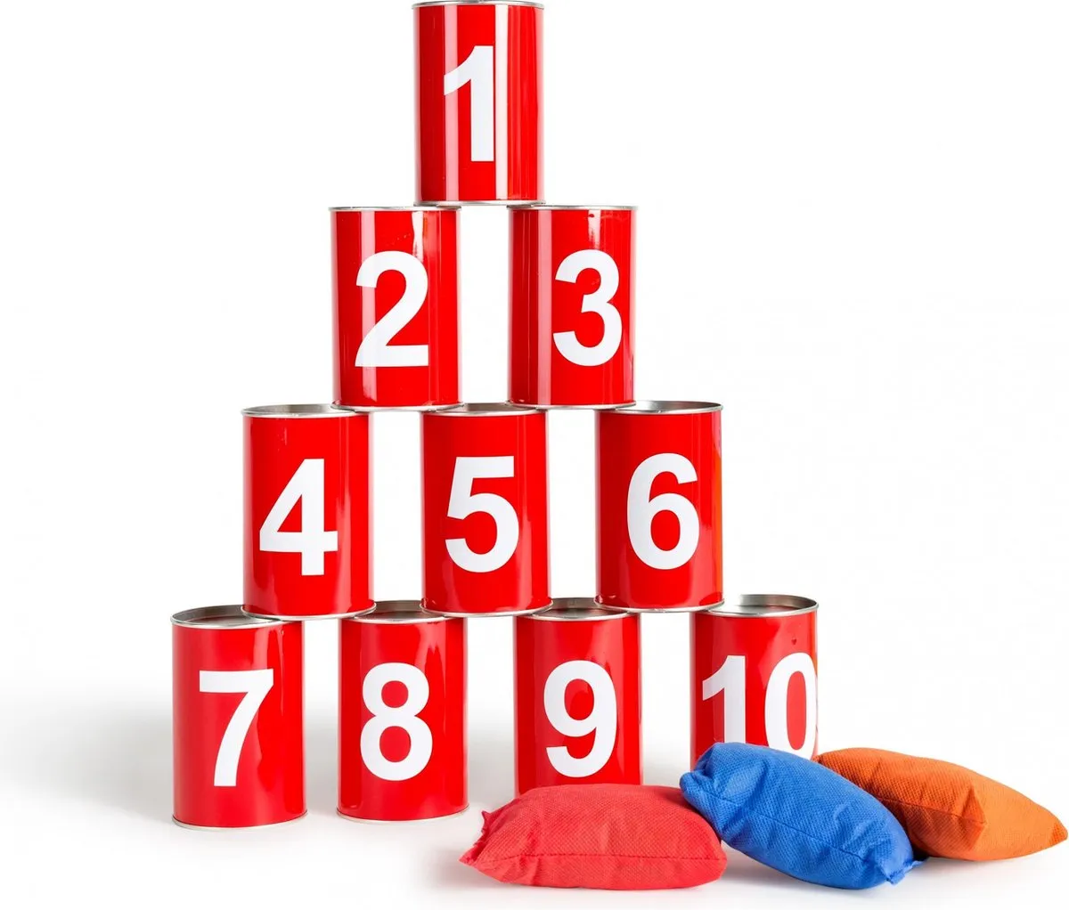 BS Toys Blikgooien Werpspel - Pittenzak Gooien - Kinderspeelgoed vanaf 3 Jaar - Buitenspeelgoed - 10 Blikken - Rood speelgoed