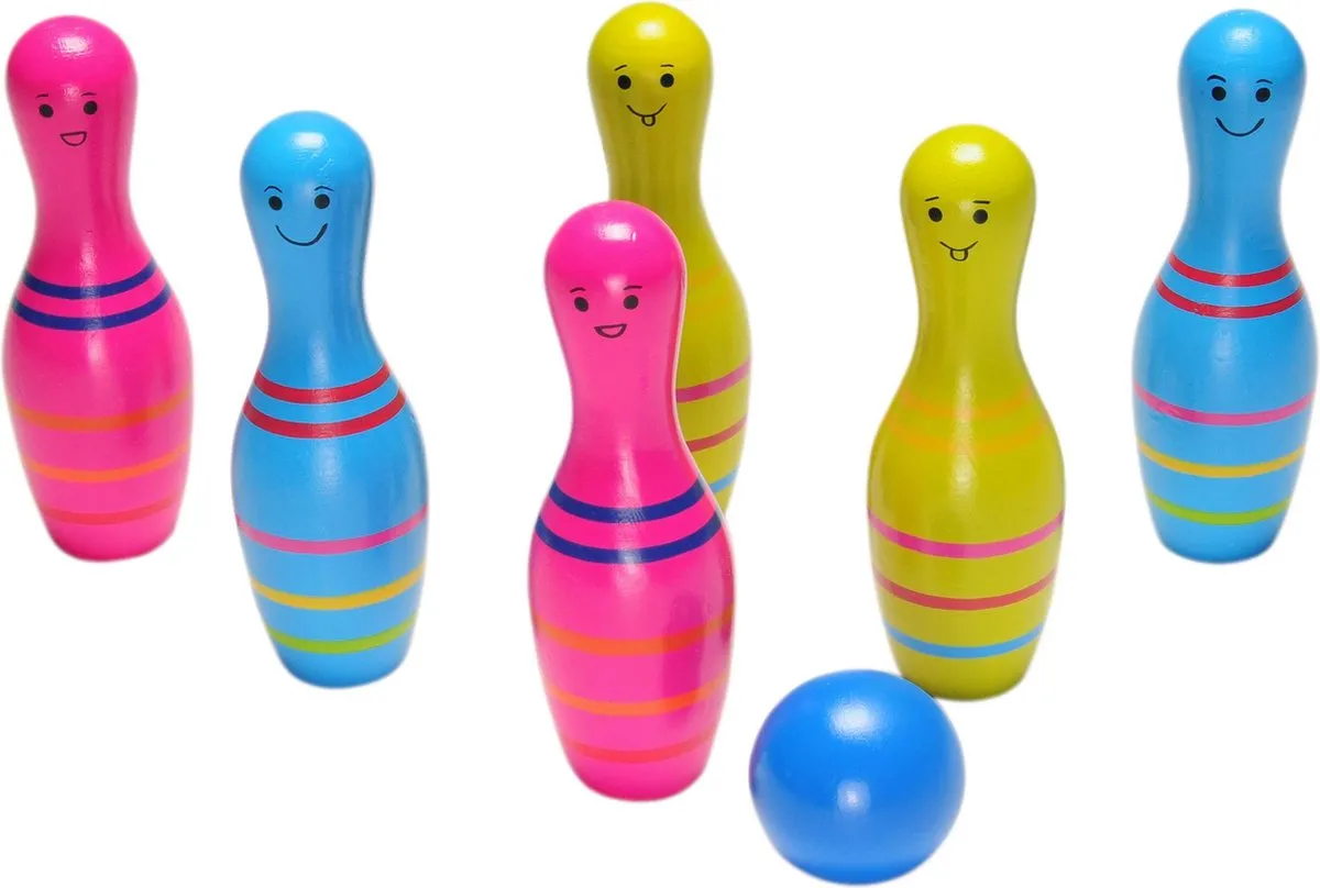 BS Toys Skittles Bowling Kegelspel - Hout - Speelgoed Set Kinderen vanaf 4 Jaar - Rood & Wit - 6 Kegels speelgoed