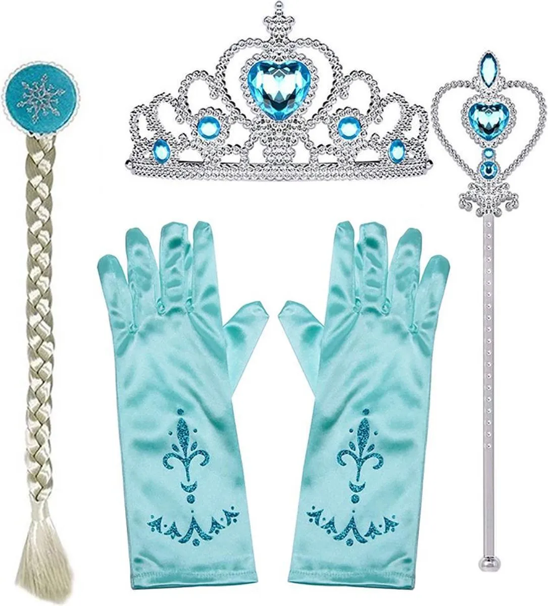 Carnavalskleding kinderen - Frozen - Frozen Speelgoed - Prinsessenjurk meisje - Tiara - Prinsessen accessoire set - Kroon - Toverstaf - Handschoenen - Elsa vlecht speelgoed