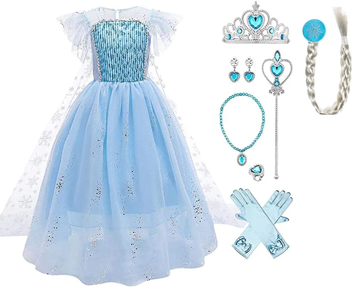 Carnavalskleding meisje - Elsa Jurk - Frozen - Prinsessenjurk Meisje - Blauw - maat 98 (100) - Verkleedkleren Meisje speelgoed