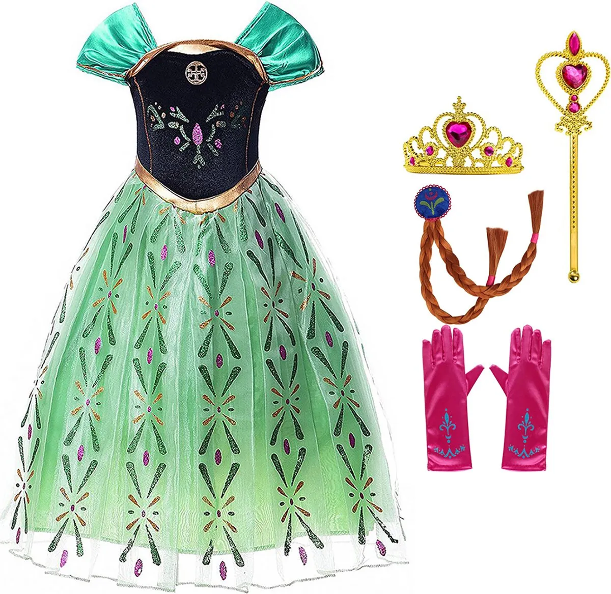 Carnavalskleding meisje - Frozen - Prinsessenjurk Meisje - Prinses Anna groene jurk - maat 98/104(110) -Verkleedkleren Meisje-Anna Kleed speelgoed