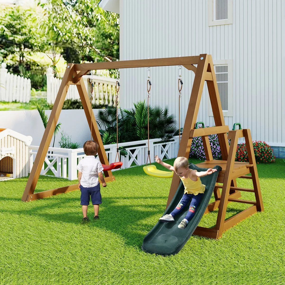 Dubbele schommel voor kinderen- Stevige kinderschommel met glijbaan en klimladder-outdoor schommel frame massief hout-schommel frame-238.5x240x168.9cm speelgoed