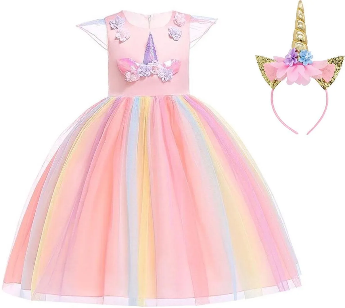Eenhoorn jurk unicorn jurk eenhoorn kostuum - roze Classic 122-128 (130) + haarband Prinsessenjurk meisje verkleedkleren meisje speelgoed