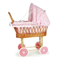 Playwoood - Rieten poppenwagen roze