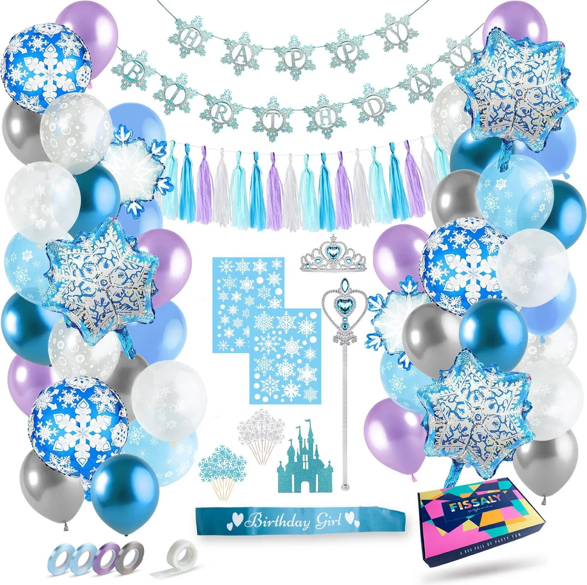 Fissaly® 96 Stuks Frozen Thema Verjaardag Decoratie Versiering – Feestpakket met ballonnen, taart decoratie, slingers, vlaggenlijn - Kinderfeestje Meisje - Elsa, Anna, Olaf speelgoed