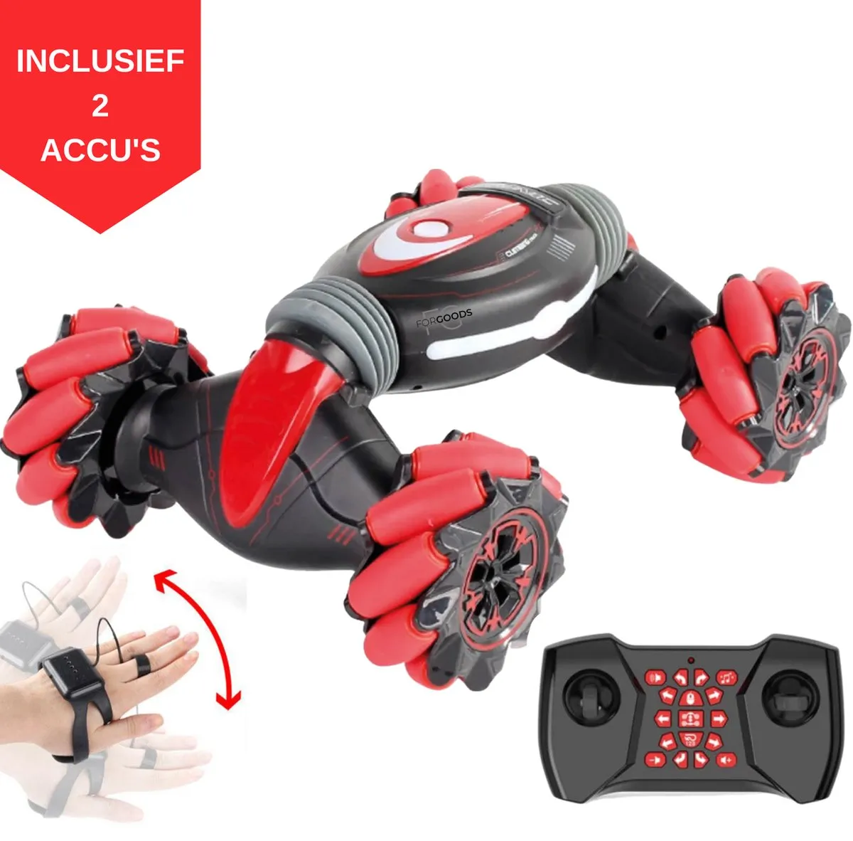 ForGoods® - Afstandsbestuurbare Auto - RC Auto - Stunt Auto - Radiografisch Bestuurbare Auto - Voor Binnen en Buiten - Rood - Model 2021 - Schaal 1:16 [groot] - inclusief extra 2e accu speelgoed