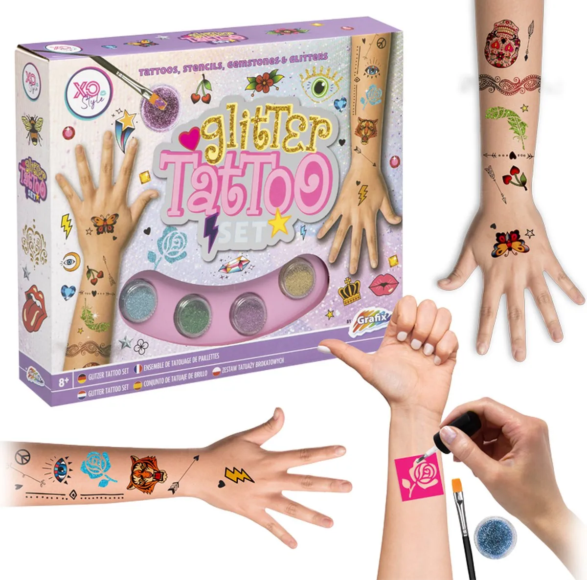 Grafix Mega Glitter Tattoo Set | Glitter Tattoos | 4 kleuren | Met lijm & Kwast | 42 sjablonen | Plak tattoos voor Kinderen speelgoed