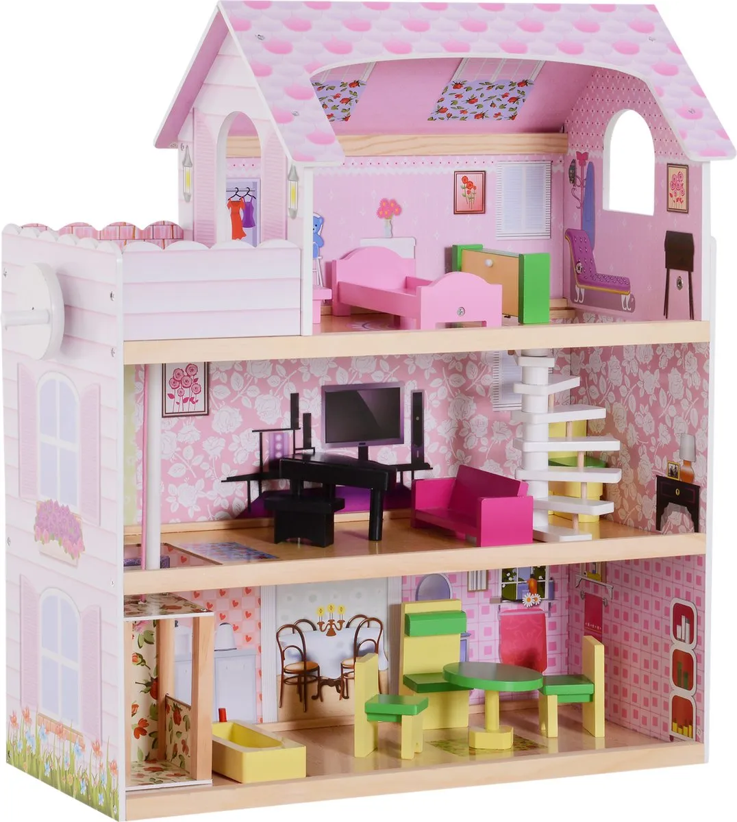 HOMCOM Kinderpoppenhuis poppenhuis barbiehuis poppenhuis met 3 verdiepingen met meubels 350-034 speelgoed