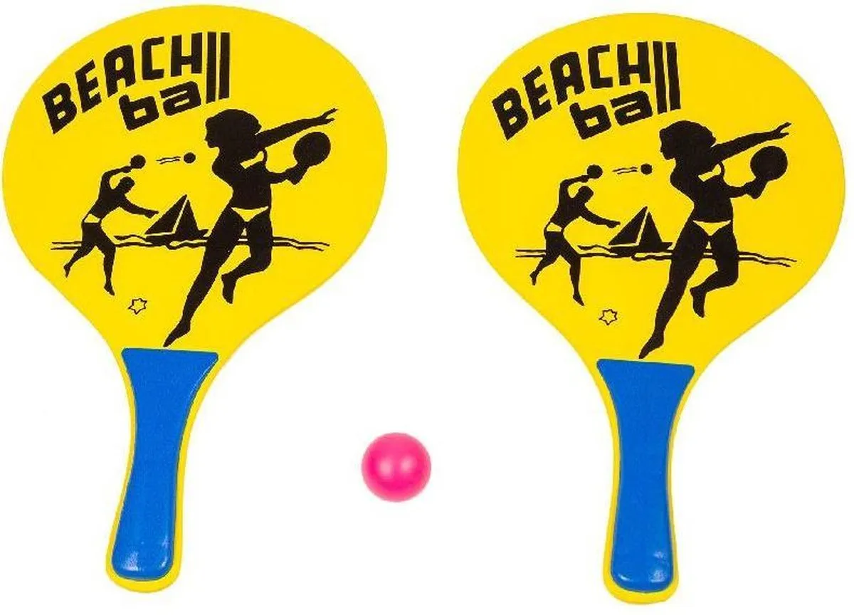 Houten beachball set geel met beachball print- Strand balletjes - Rackets/batjes en bal - Tennis ballenspel speelgoed