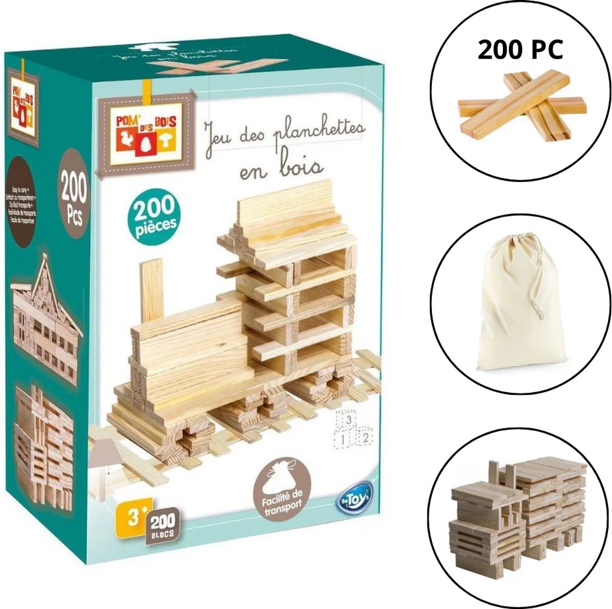 Houten Constructie Speelgoed – Bouwplankjes – Alternatief voor KAPLA – Kapla Stenen – Kapla Bricks – 200 Stuks – Met Opbergzak speelgoed