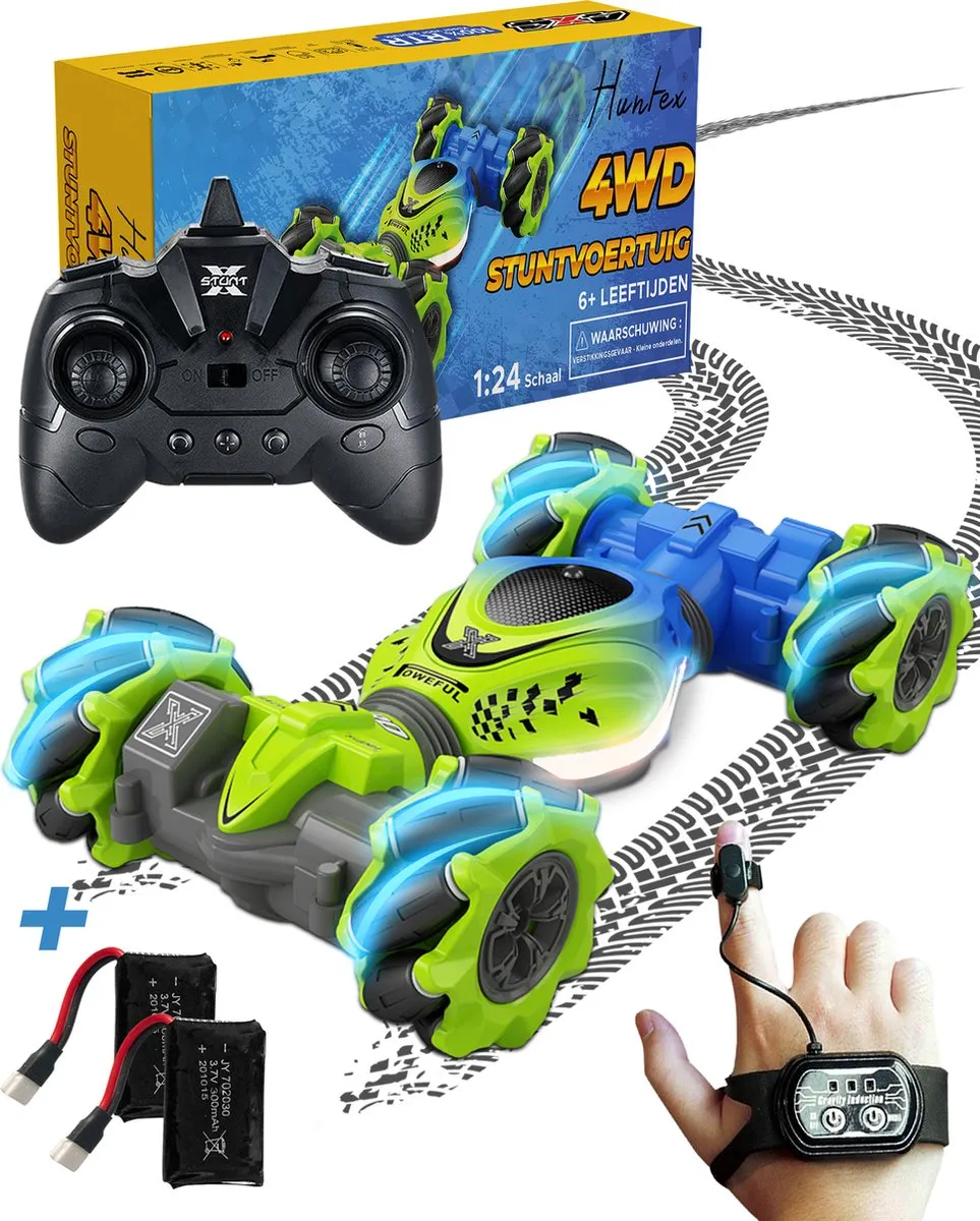 Huntex RC Stunt Car - Inclusief Extra Accu en batterijen - Radiografisch Bestuurbare Auto - Offroad - Transformerende Auto - Volwassenen en Kind - Blauw/Groen - 4wd Twist speelgoed