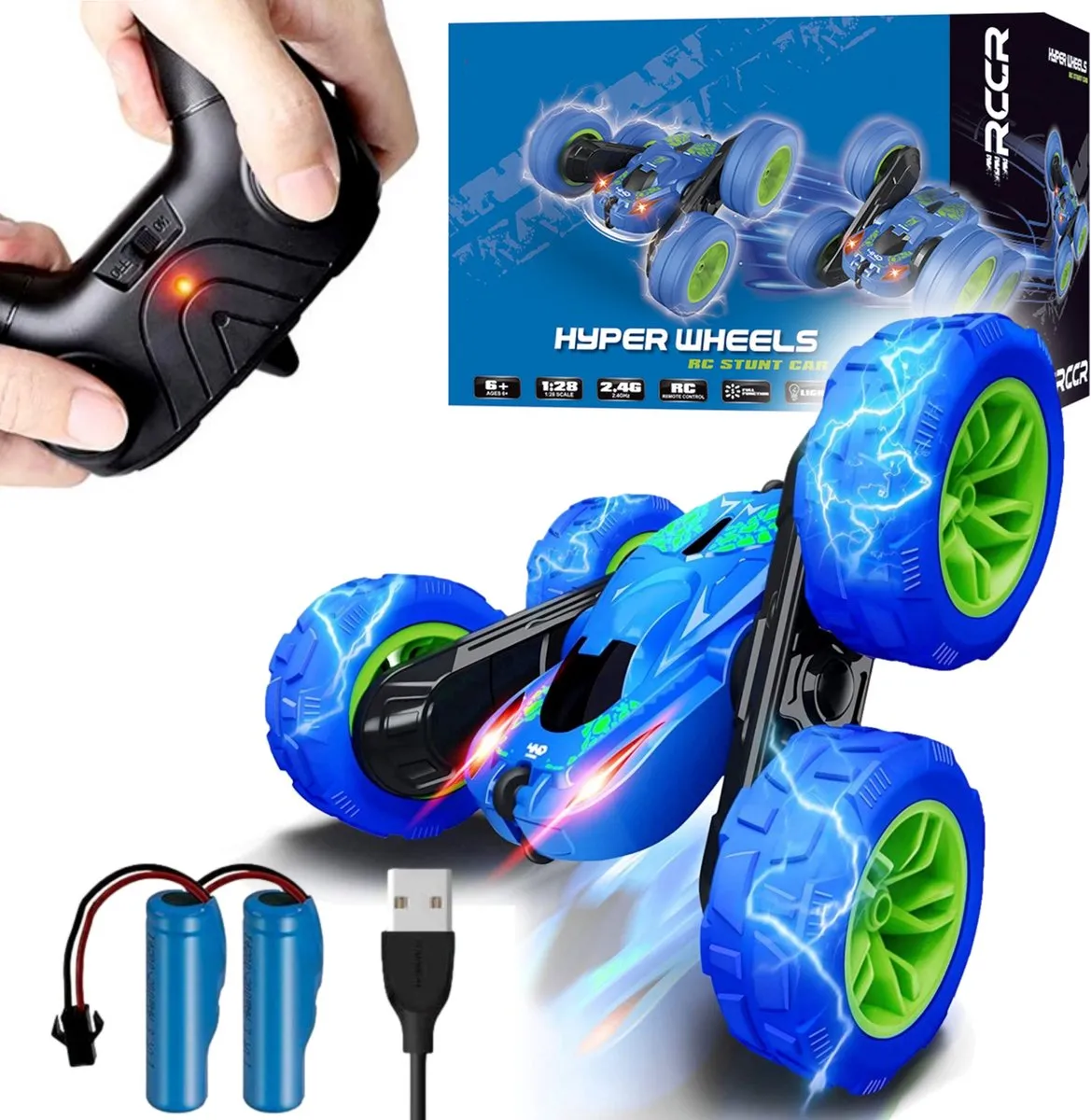 HyperWheels - Bestuurbare Auto voor Jongens - Speelgoed Stuntauto voor Binnen of Buiten - Blauw met Groen - incl. 2 accu's speelgoed