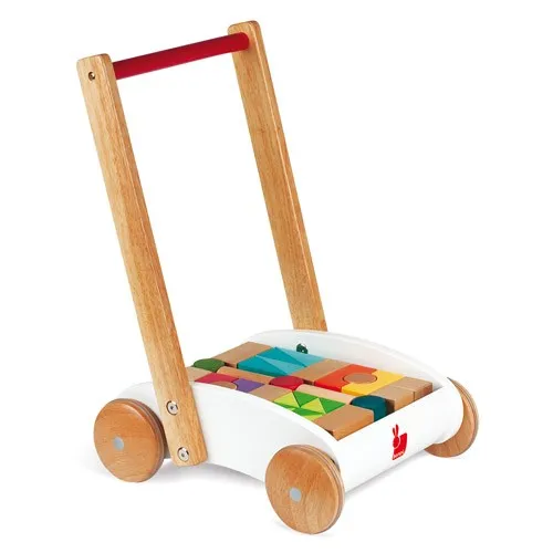 Janod - Houten loopwagen met blokken speelgoed