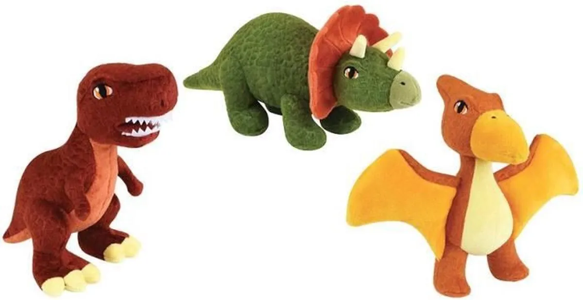 JEMINI Les Jeminosaurs Set van 3 dinosaurus knuffels tyrannosaurus, pteranodo en triceratops +/- 18 cm - 100% gerecycled speelgoed