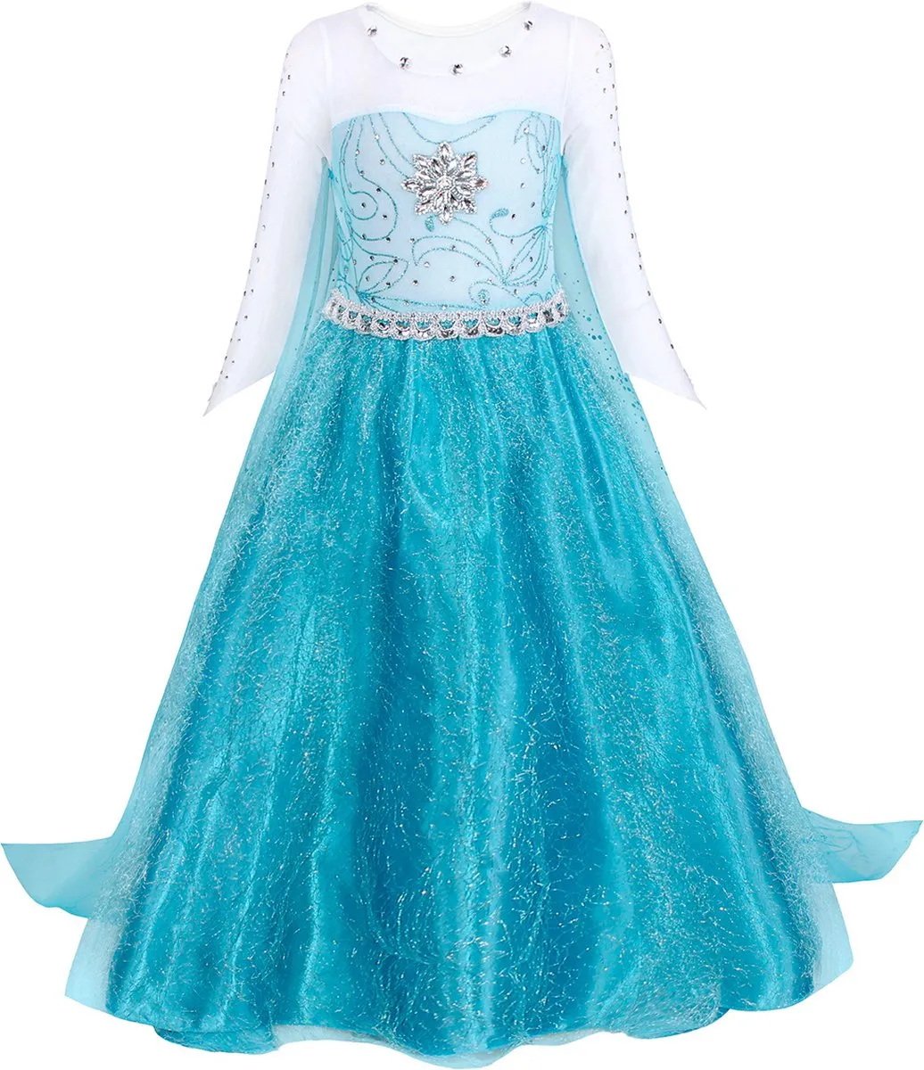 Joya Beauty® Elsa Verkleed Jurk met Ster | Glamour Jurk met sleep | Prinsessenjurk meisje | Disney jurk Verkleedjurk | GRATIS Accessoires set | Blauw | Maat 110/116 (110) | Sinterklaas kado cadeau meisje speelgoed
