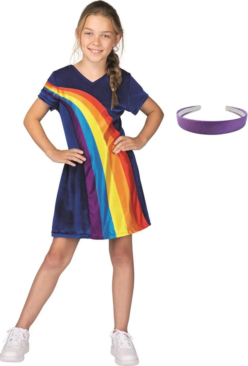 K3 jurkje regenboog - nieuw - blauw - verkleedjurk - maat 6-8 jaar + haarband speelgoed