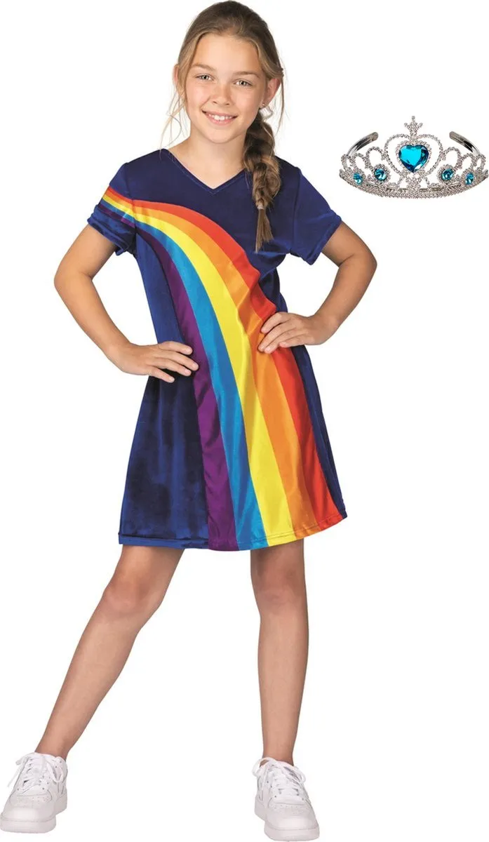 K3 regenboogjurkje - regenboog jurkje - blauw - verkleedjurk - mt 3-5 jaar + kroontje zilver speelgoed