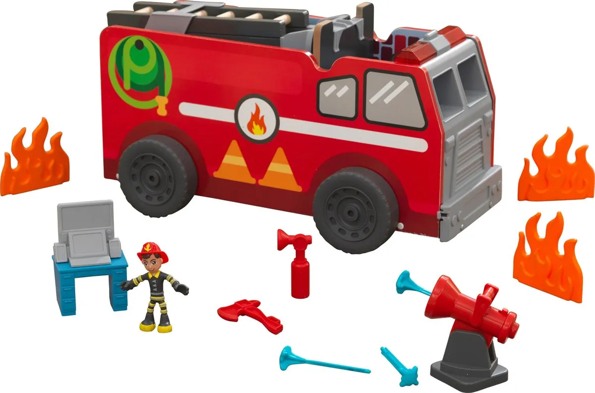 KidKraft Houten brandweerauto, transformeerbaar naar brandweerkazerne met 17 accessoires, licht en geluid Afmetingen: L47 cm x H26 cm x B55 cm speelgoed