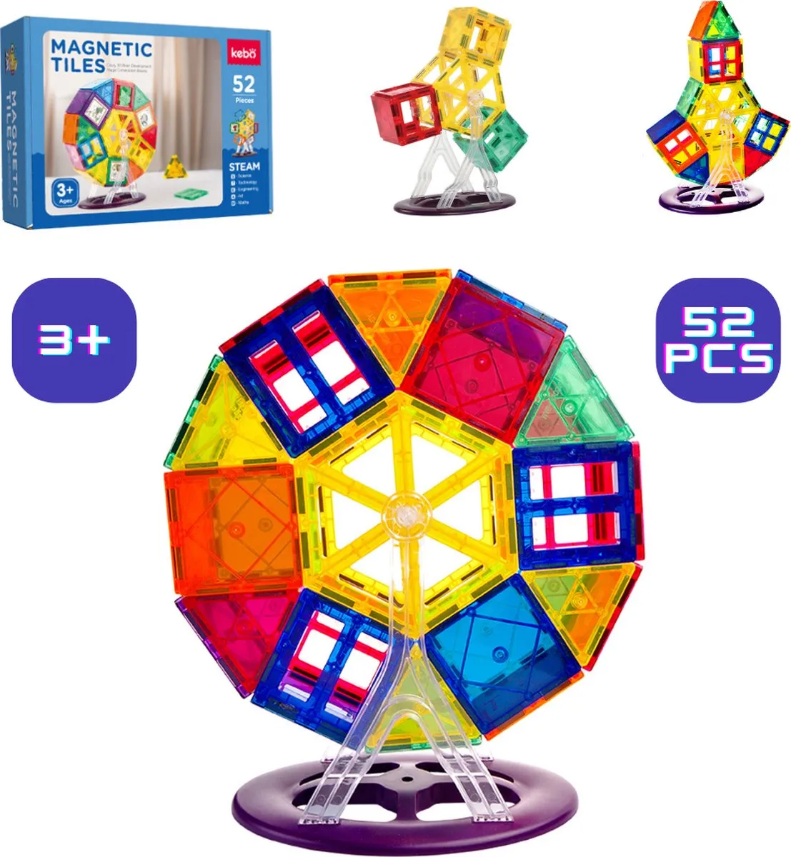 Koobees - Magnetische speelgoed - Magnetische bouwstenen - Magna Tiles - Montessori speelgoed - 52 onderdelen speelgoed